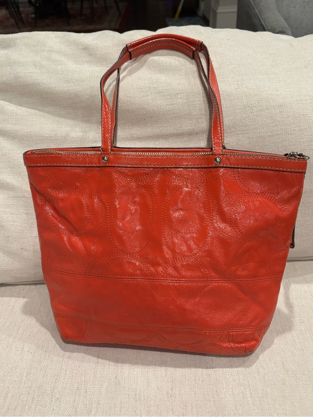 LOW START!🔥Coach Orange Patent Leather Tote with Signature Charm - Picture 2 of 13